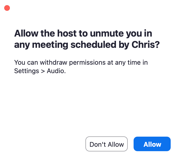 Zoom prompt asking whether to allow the host to unmute you in meetings they schedule