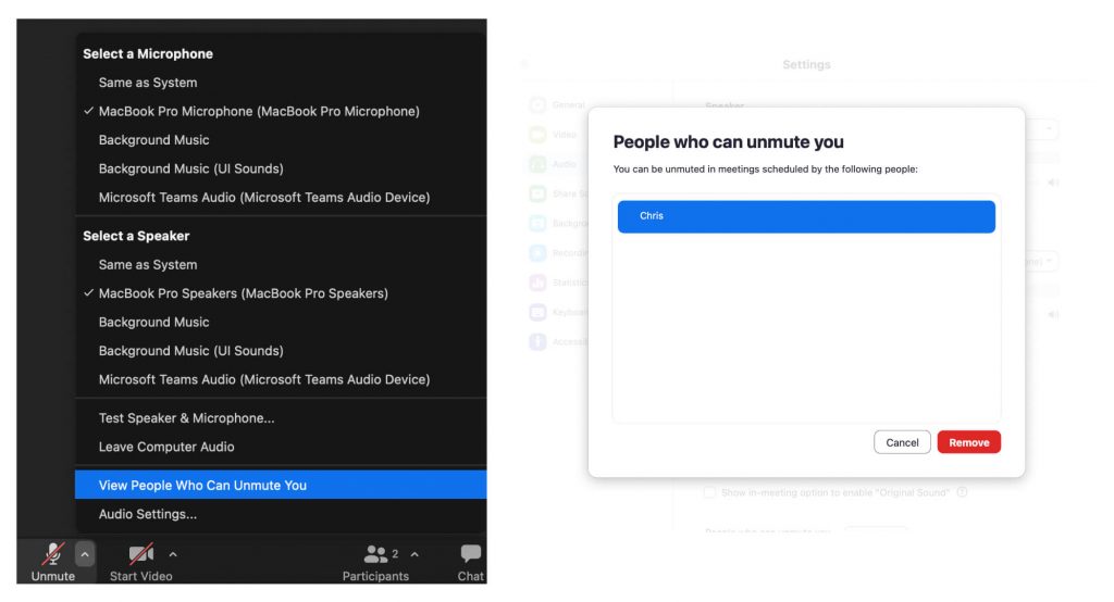 Zoom audio menu with View People Who Can Unmute You, next to the list of hosts allowed to unmute you