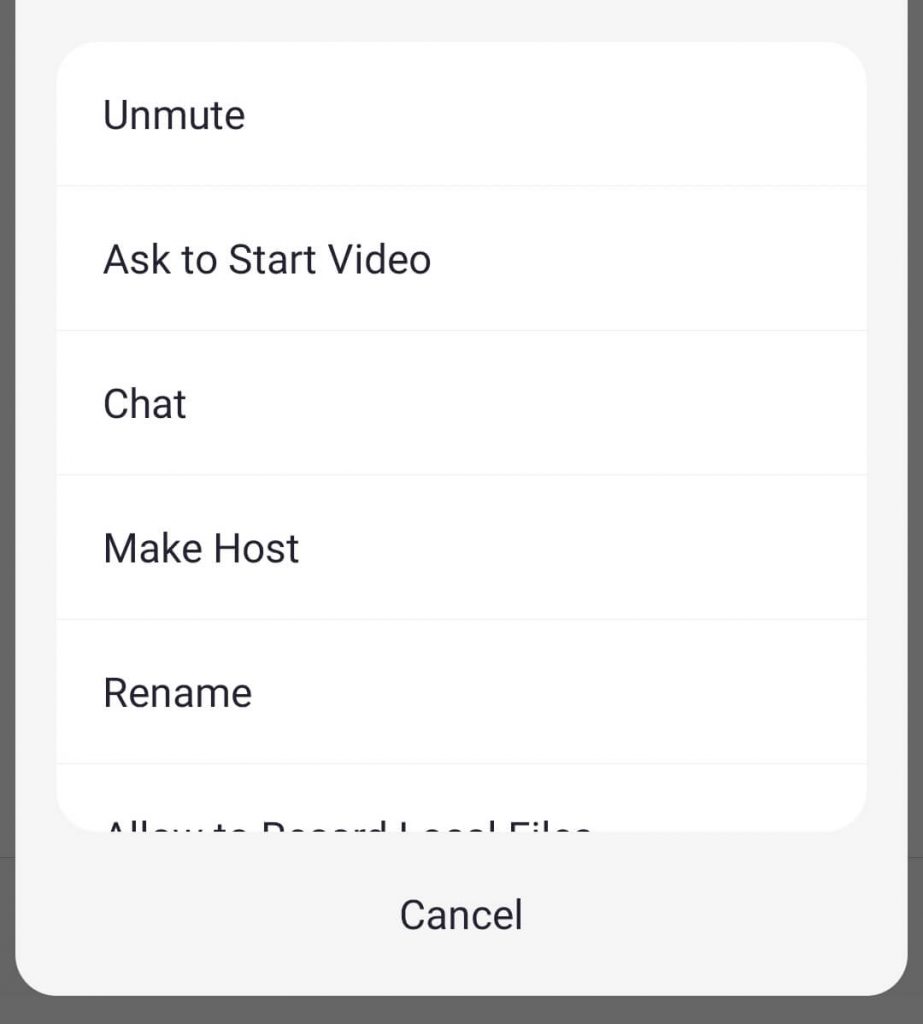 Zoom mobile host menu for a participant, with Unmute at the top